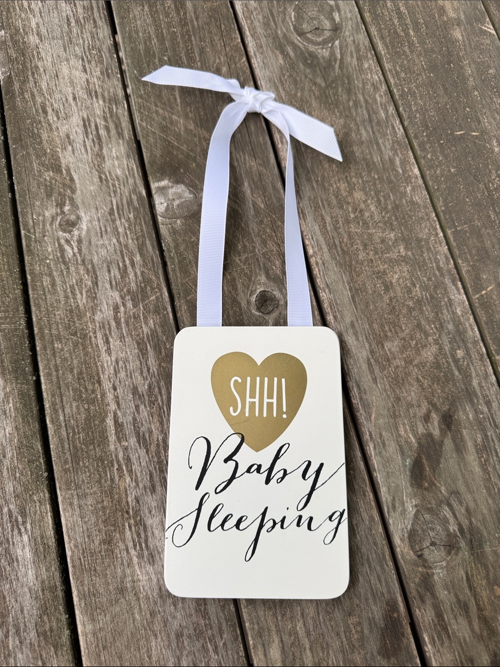"Shh! Baby Sleeping" Hanging Doorknob Sign - White and Gold